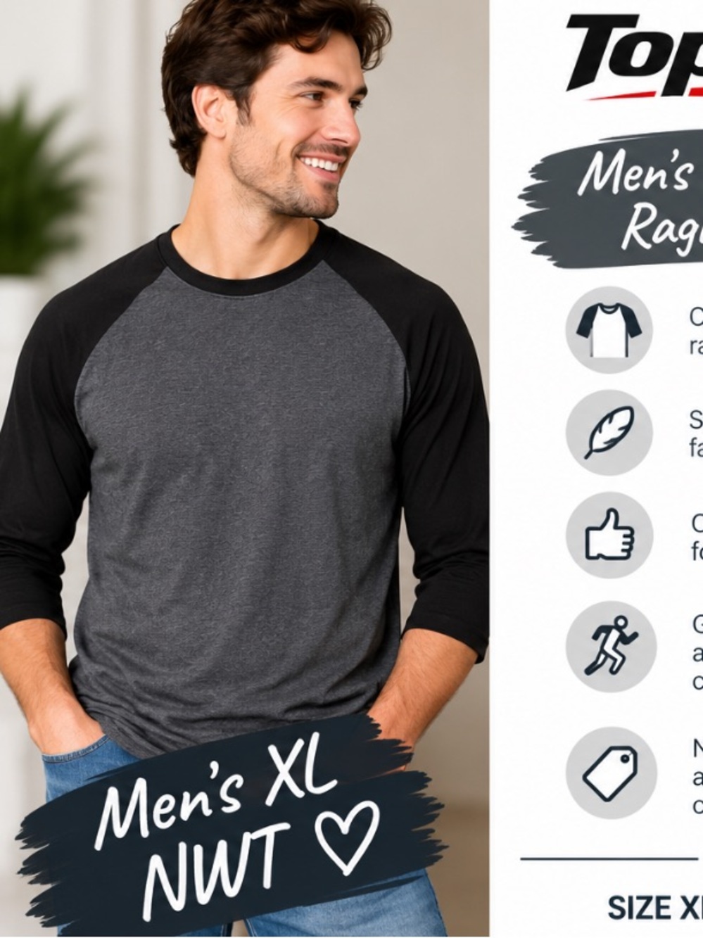 Top Pro Men’s XL Charcoal Black 3/4 Sleeve Raglan Shirt NWT